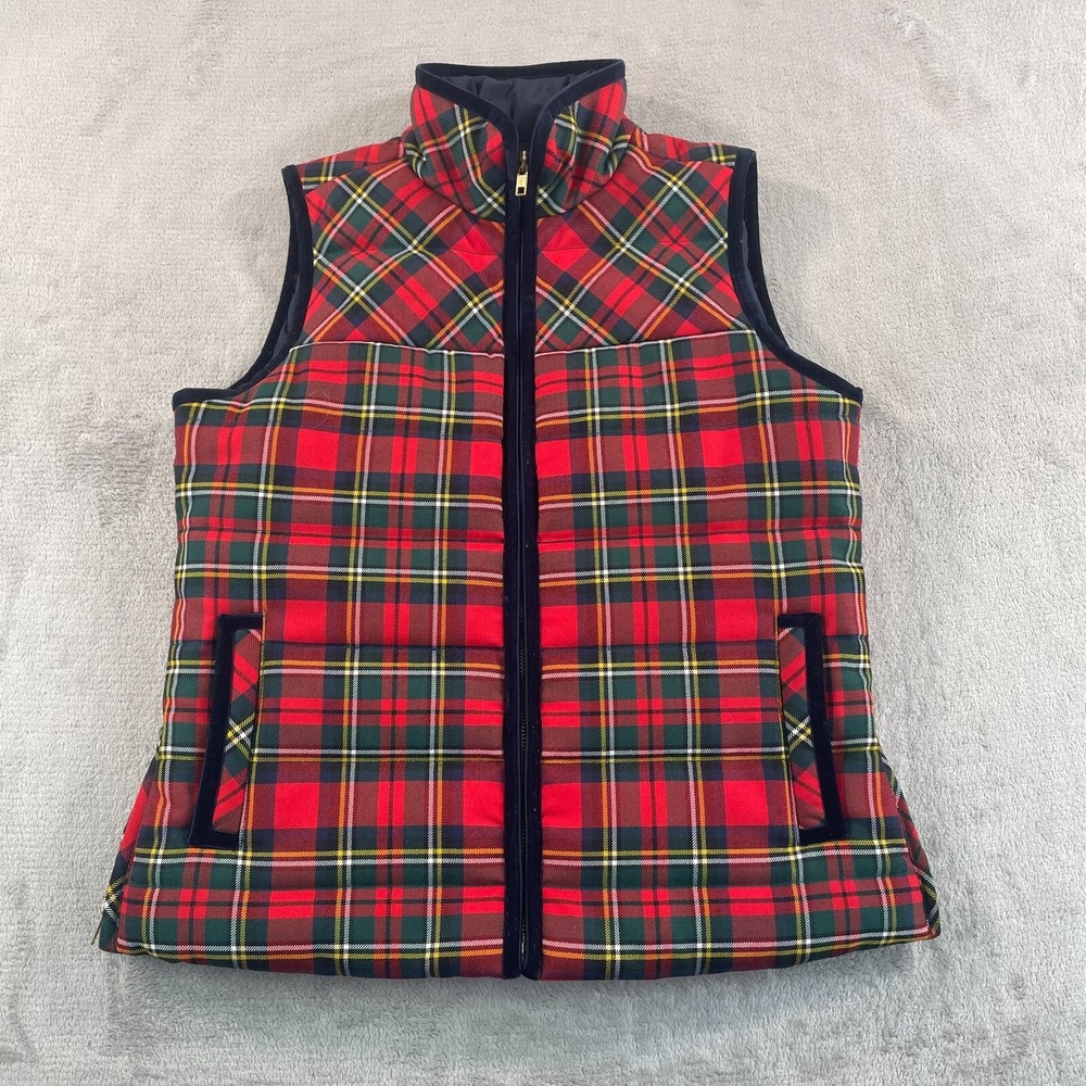 J Crew Tartan Mountain Puffer Vest Women Small Red Wool Blend Velvet Trim NWOT